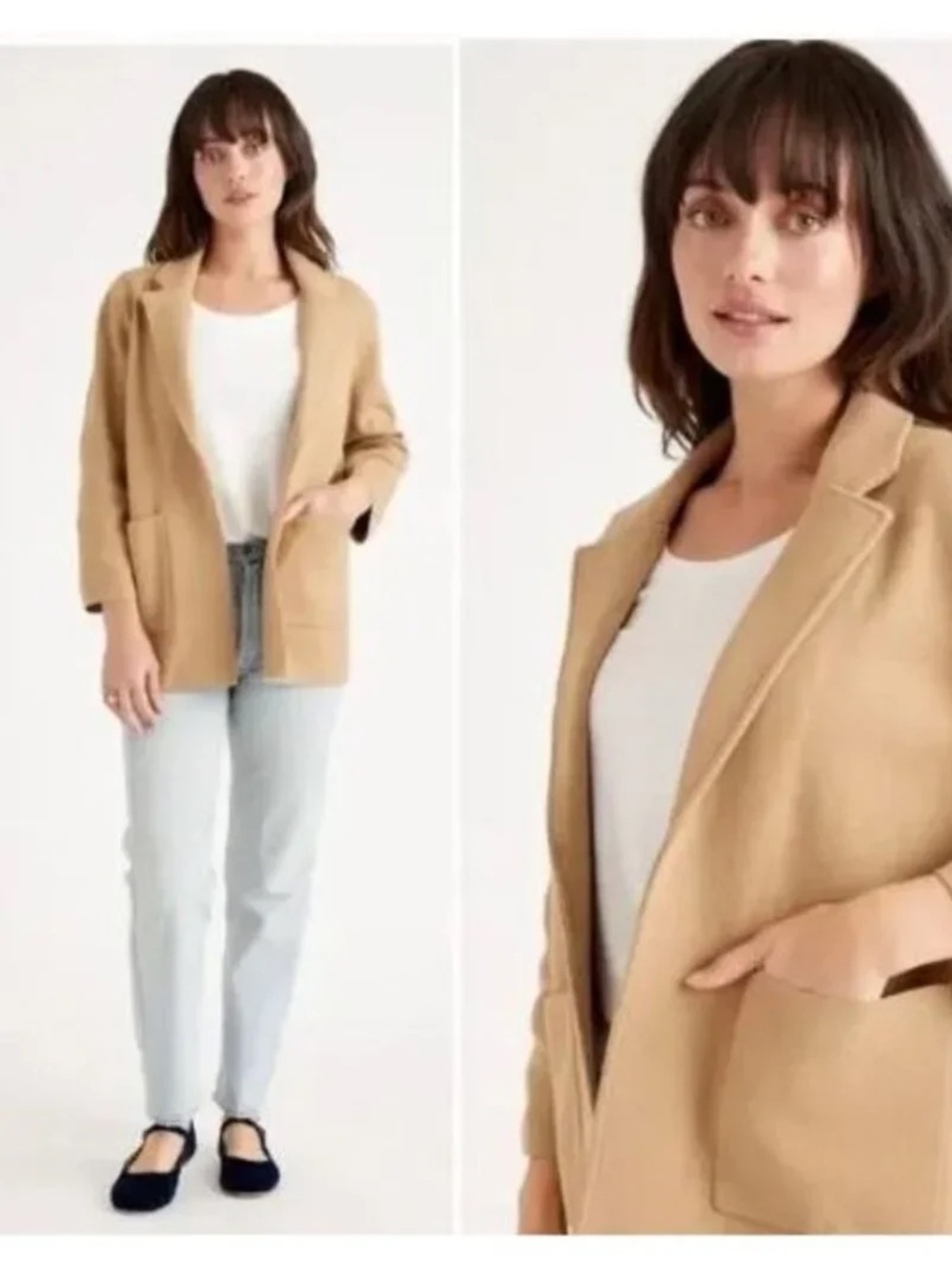 Quince Organic Cotton Blazer Open Front, Pockets , tan, neutral minimalist sz L